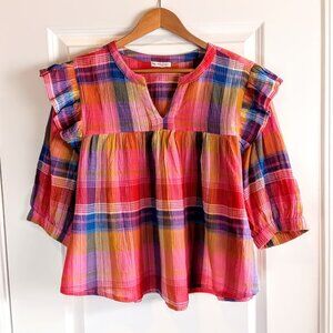 Maisie Rainbow Plaid Cotton Seersucker Flutter Sleeve Top